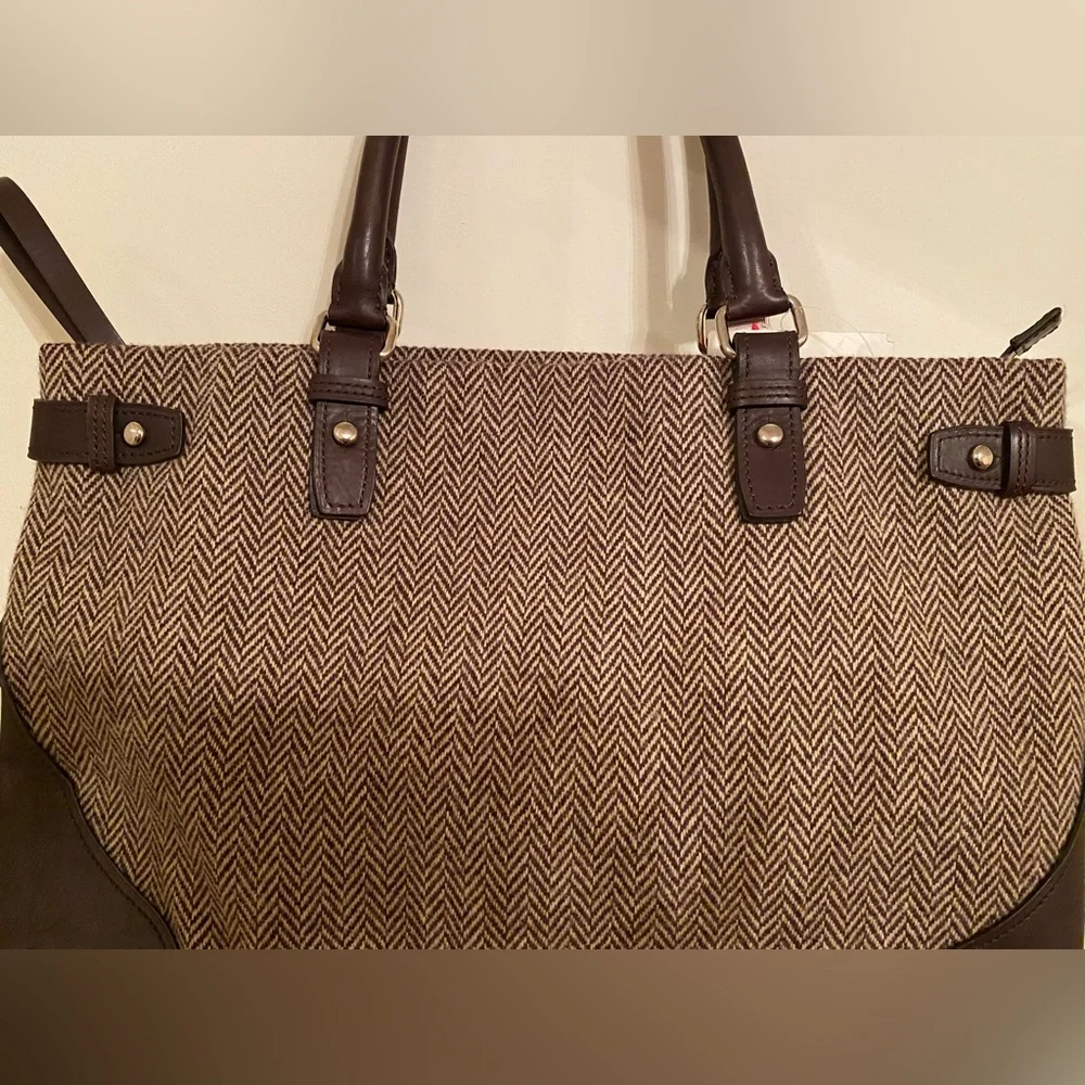 Tumi wool & leather spacious brown bag with a lot of compartments & pockets NWT - Picture 3 of 16